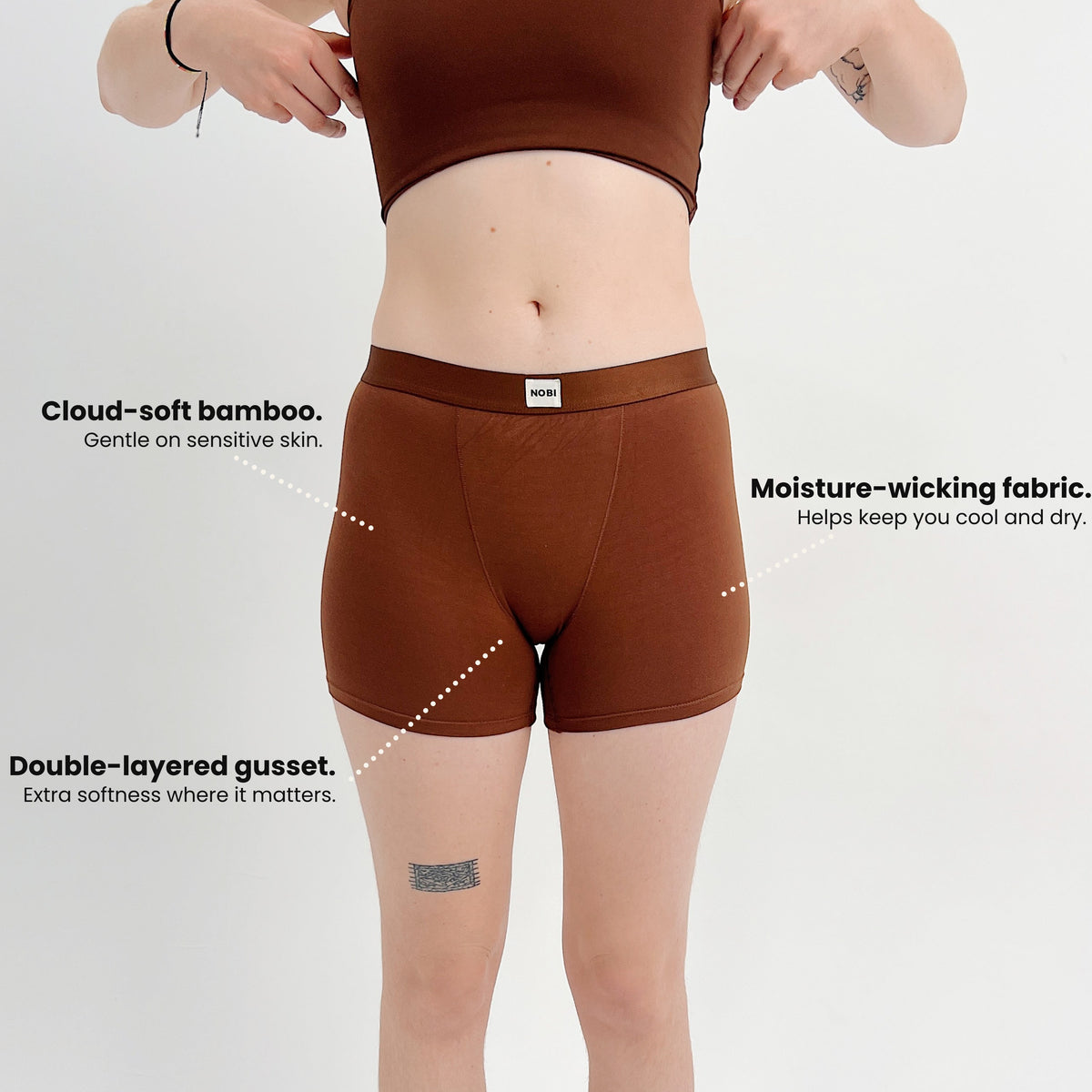Cocoa bamboo boxer briefs features: cloud-soft bamboo, moisture-wicking fabric, double-layered gusset