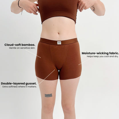 Cocoa bamboo boxer briefs features: cloud-soft bamboo, moisture-wicking fabric, double-layered gusset