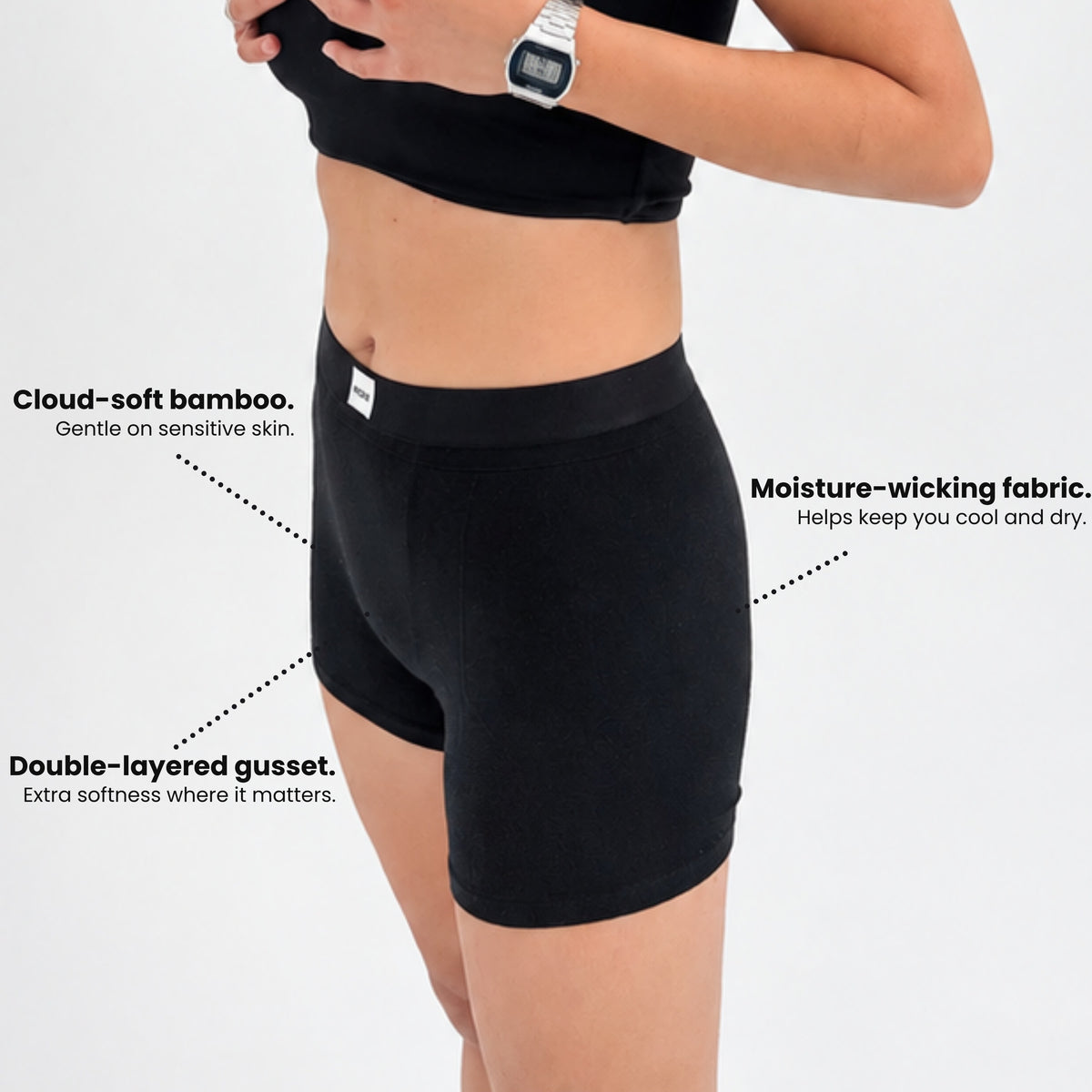 Onyx bamboo boxer briefs features: cloud-soft bamboo, moisture-wicking fabric, double-layered gusset