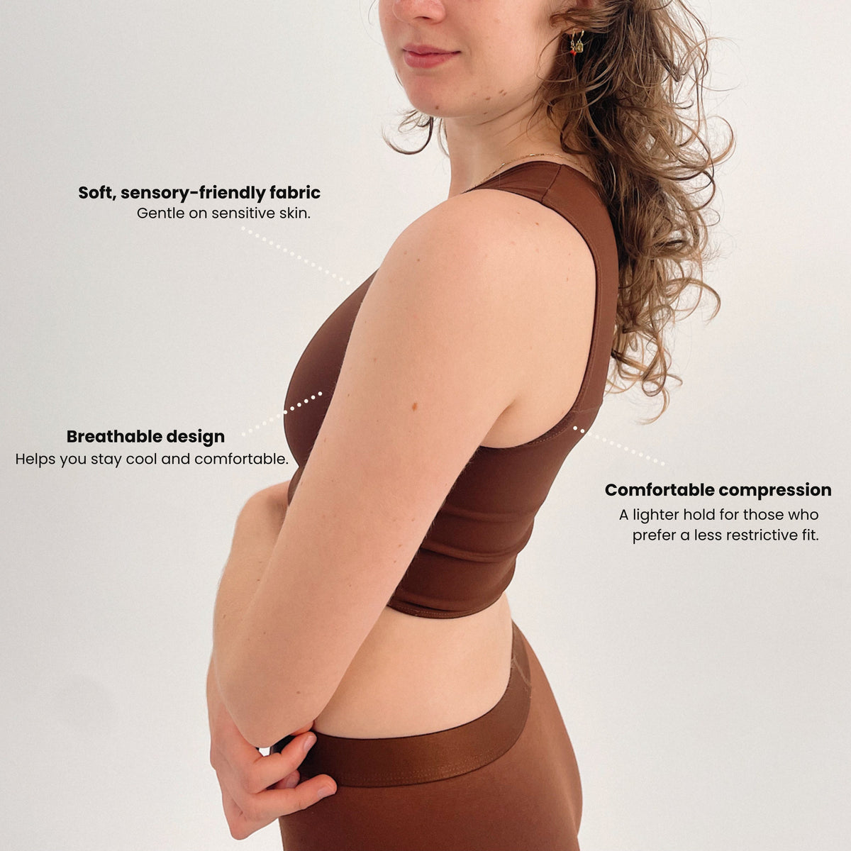 Cocoa chest binder features: soft, sensory-friendly fabric, breathable design, comfortable compression