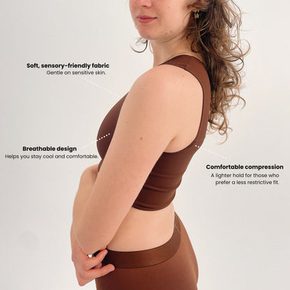 Cocoa chest binder features: soft, sensory-friendly fabric, breathable design, comfortable compression