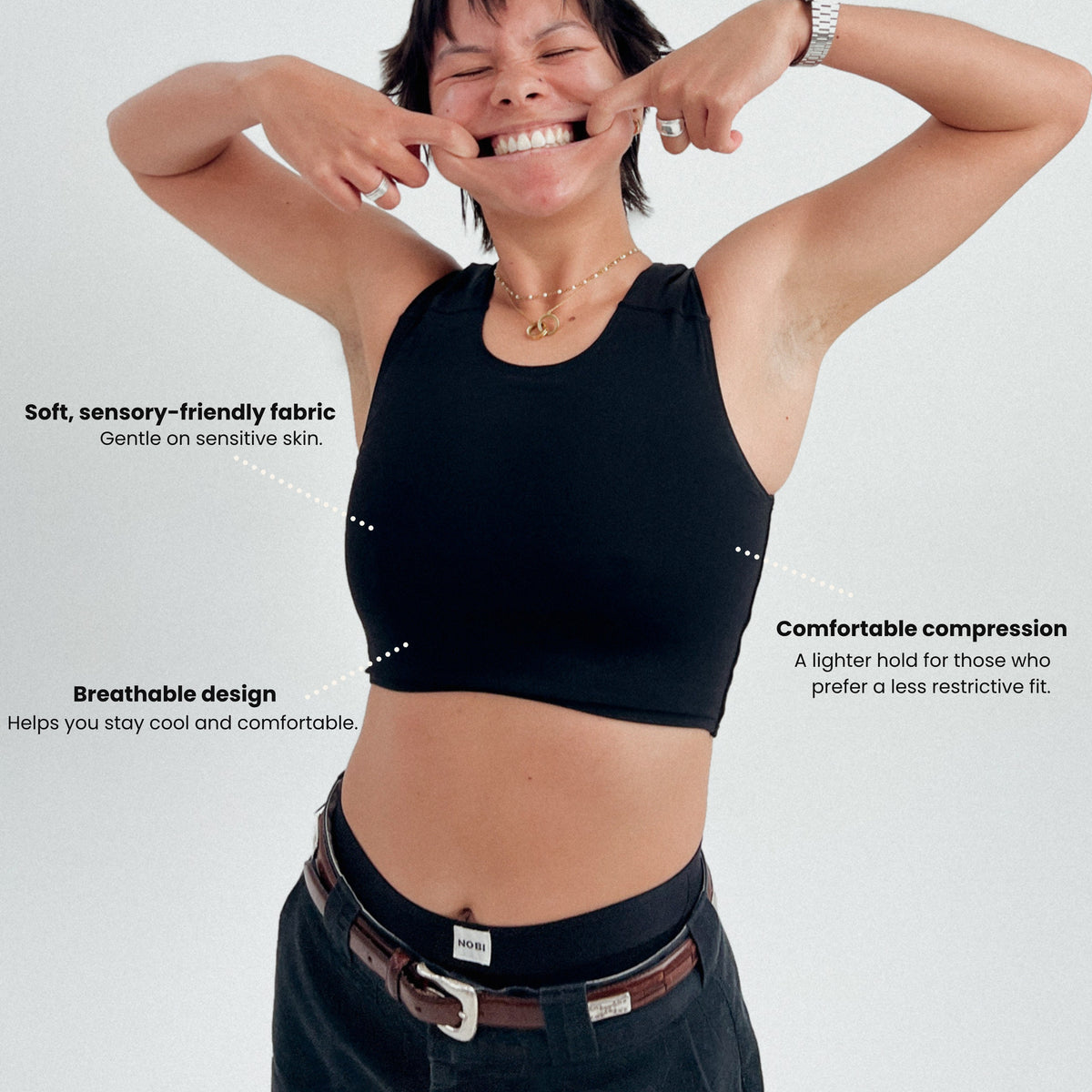 Onyx chest binder features: soft, sensory-friendly fabric, breathable design, comfortable compression