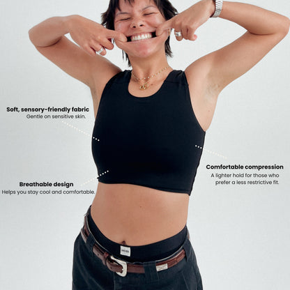 Onyx chest binder features: soft, sensory-friendly fabric, breathable design, comfortable compression